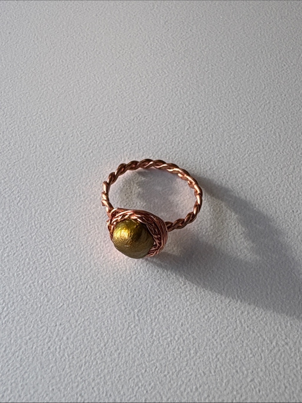 Pure Copper Wire Wrapped Ring with Olive Green Stone